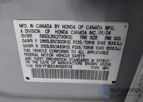 2004 Honda Pilot Ex-L z USA, uszkodzony, nr VIN 2HKYF185X4H595178